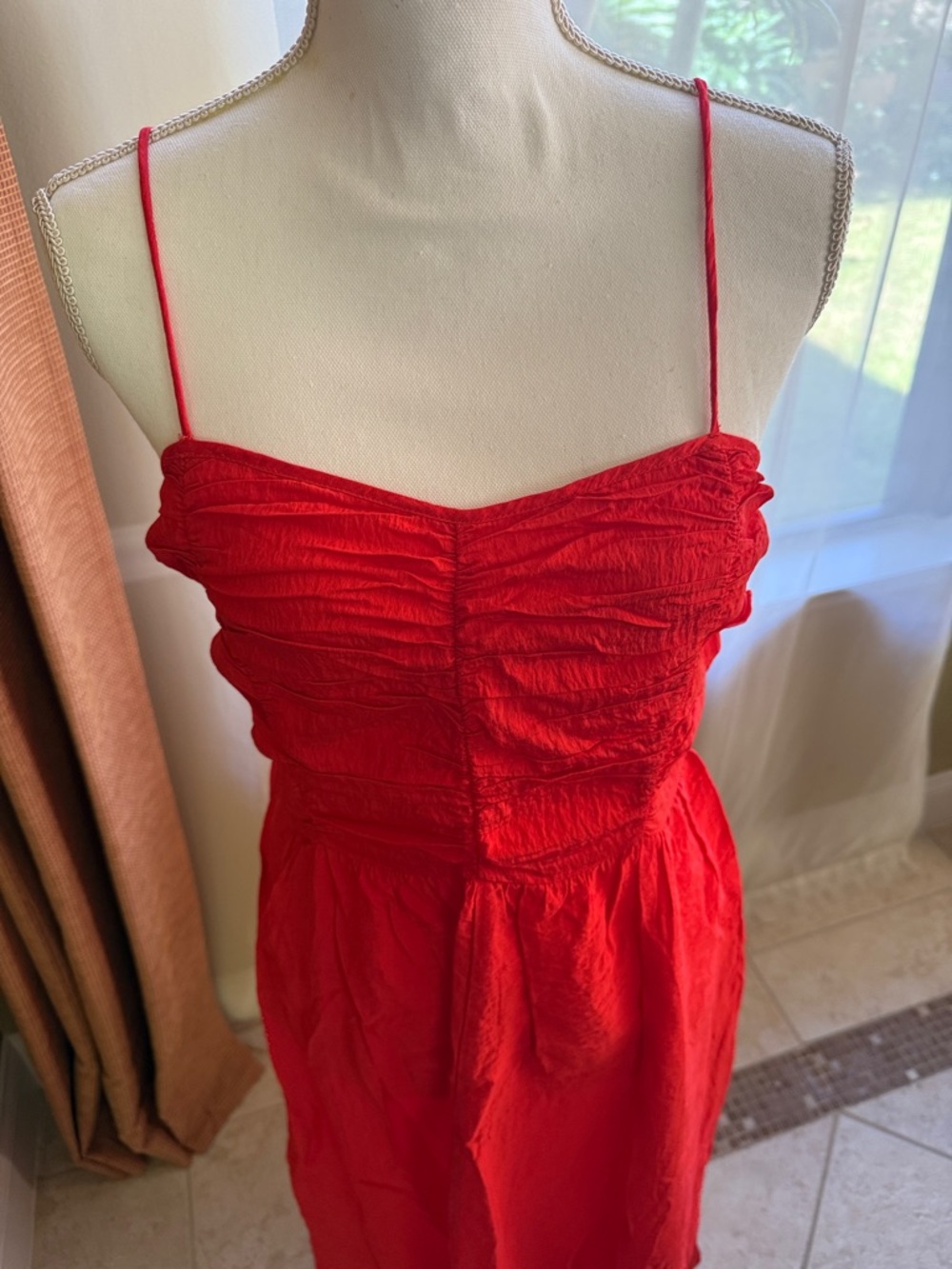 Women’s Red Ruched Spaghetti Strap Dress - Picture 2 of 6